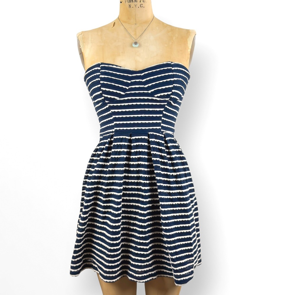 2000's Strapless Mini Dress Nautical Scalloped Trim Coastal Coquette Size S